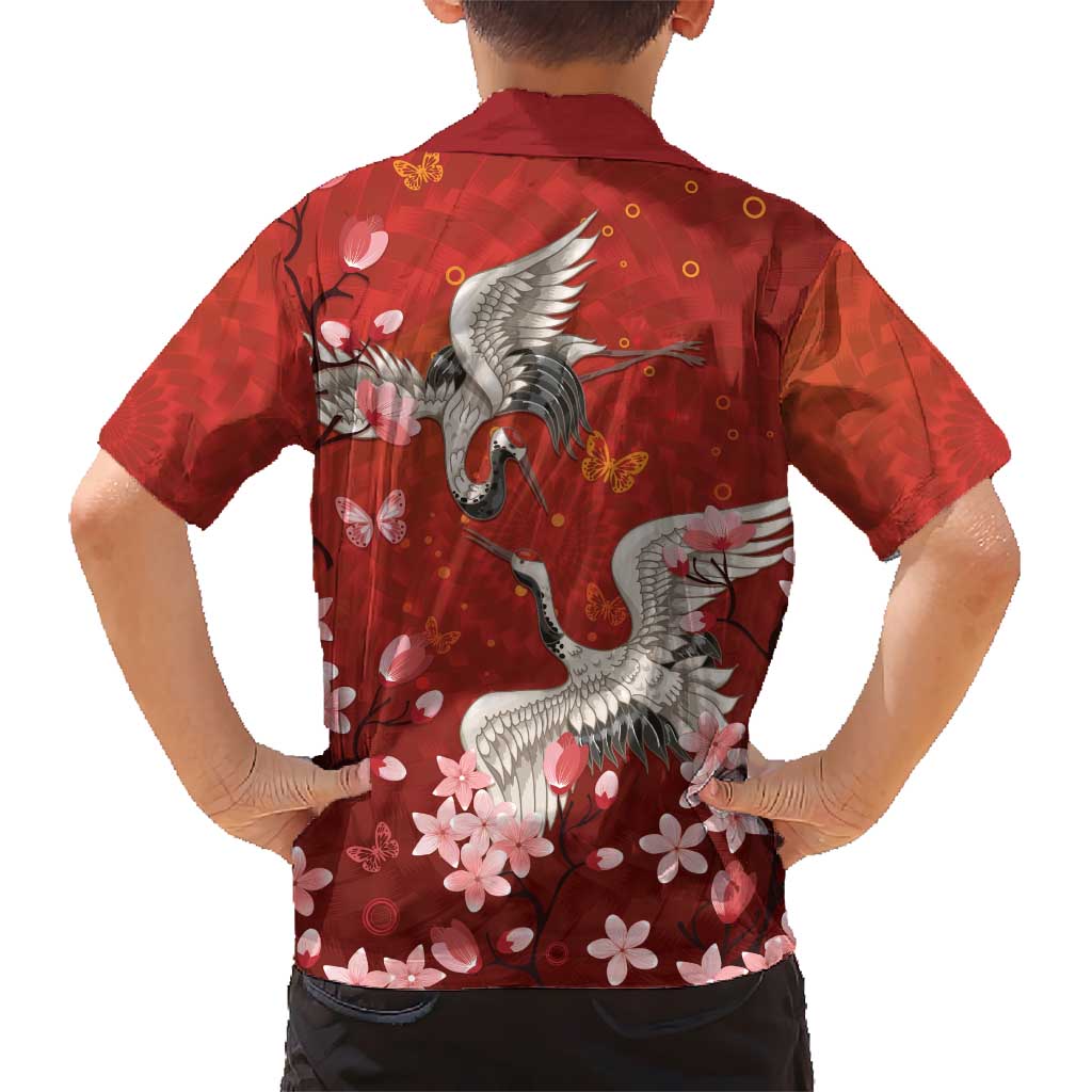 Hawaii Japan Cranes Sakura Flower Red Kid Hawaiian Shirt Japan Heritage Spirit - Polynesian Pride
