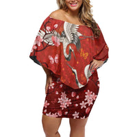 Hawaii Japan Cranes Sakura Flower Red Off Shoulder Short Dress Japan Heritage Spirit - Polynesian Pride