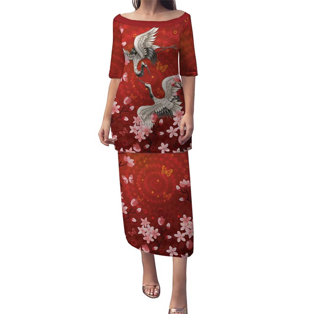 Hawaii Japan Cranes Sakura Flower Red Puletasi Japan Heritage Spirit - Polynesian Pride