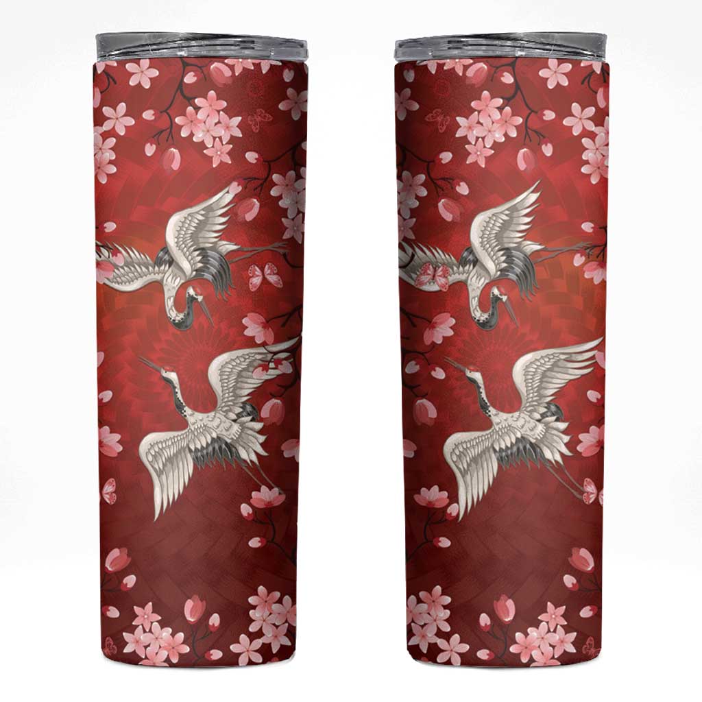 Hawaii Japan Cranes Sakura Flower Red Skinny Tumbler Japan Heritage Spirit LT01 Red - Polynesian Pride