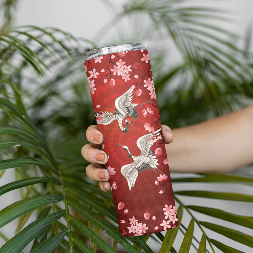 Hawaii Japan Cranes Sakura Flower Red Skinny Tumbler Japan Heritage Spirit LT01 - Polynesian Pride