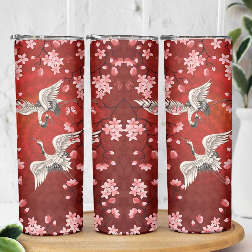 Hawaii Japan Cranes Sakura Flower Red Skinny Tumbler Japan Heritage Spirit LT01 - Polynesian Pride