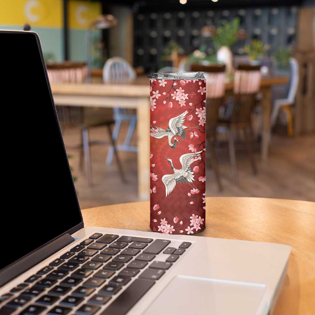 Hawaii Japan Cranes Sakura Flower Red Skinny Tumbler Japan Heritage Spirit LT01 - Polynesian Pride