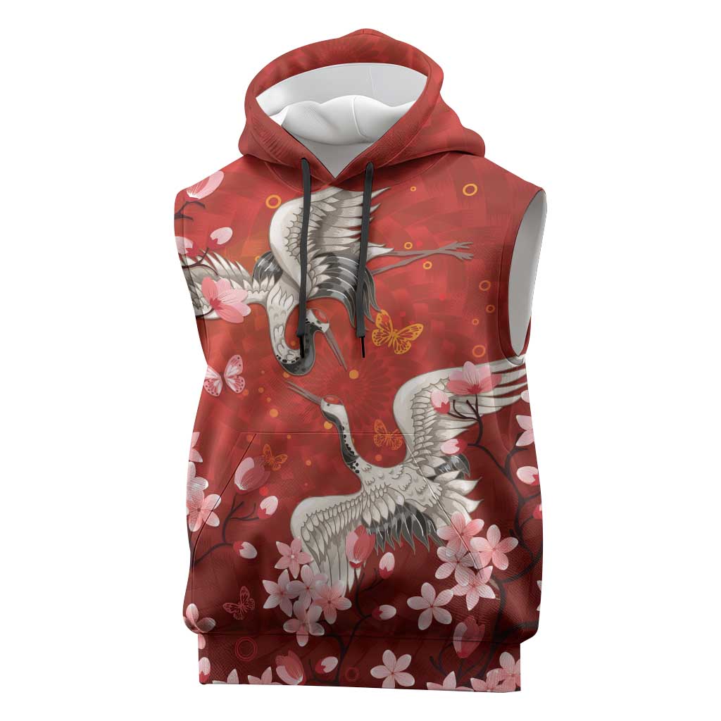 Hawaii Japan Cranes Sakura Flower Red Sleeveless Hoodie Japan Heritage Spirit - Polynesian Pride