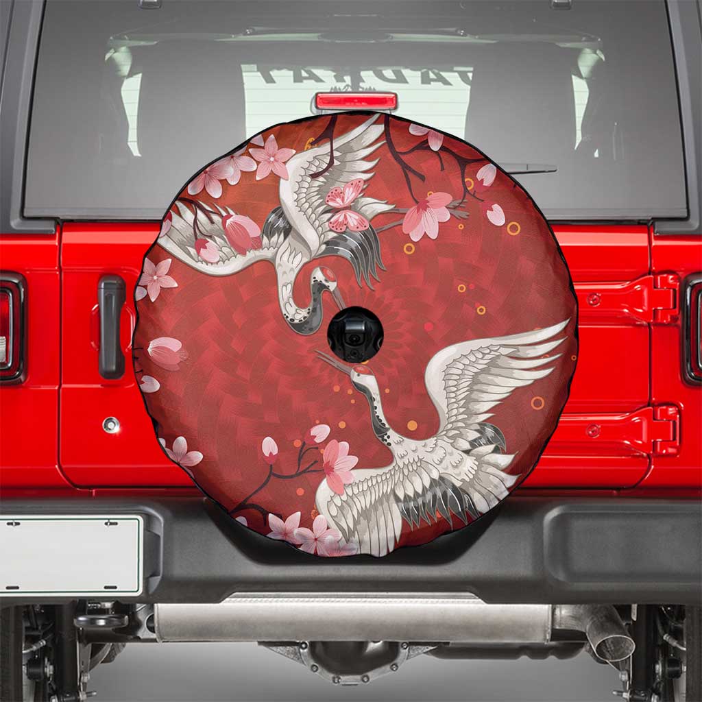 Hawaii Japan Cranes Sakura Flower Red Spare Tire Cover Japan Heritage Spirit - Polynesian Pride