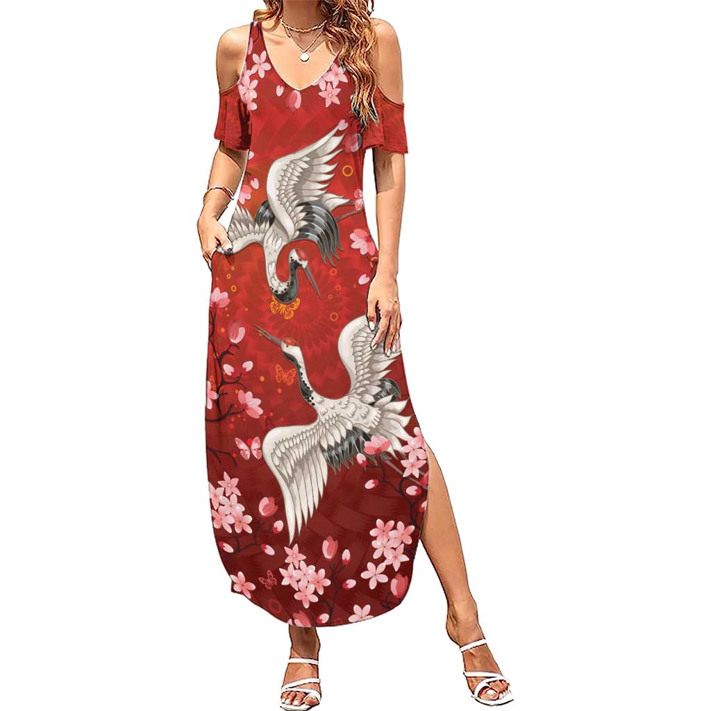 Hawaii Japan Cranes Sakura Flower Red Summer Maxi Dress Japan Heritage Spirit - Polynesian Pride