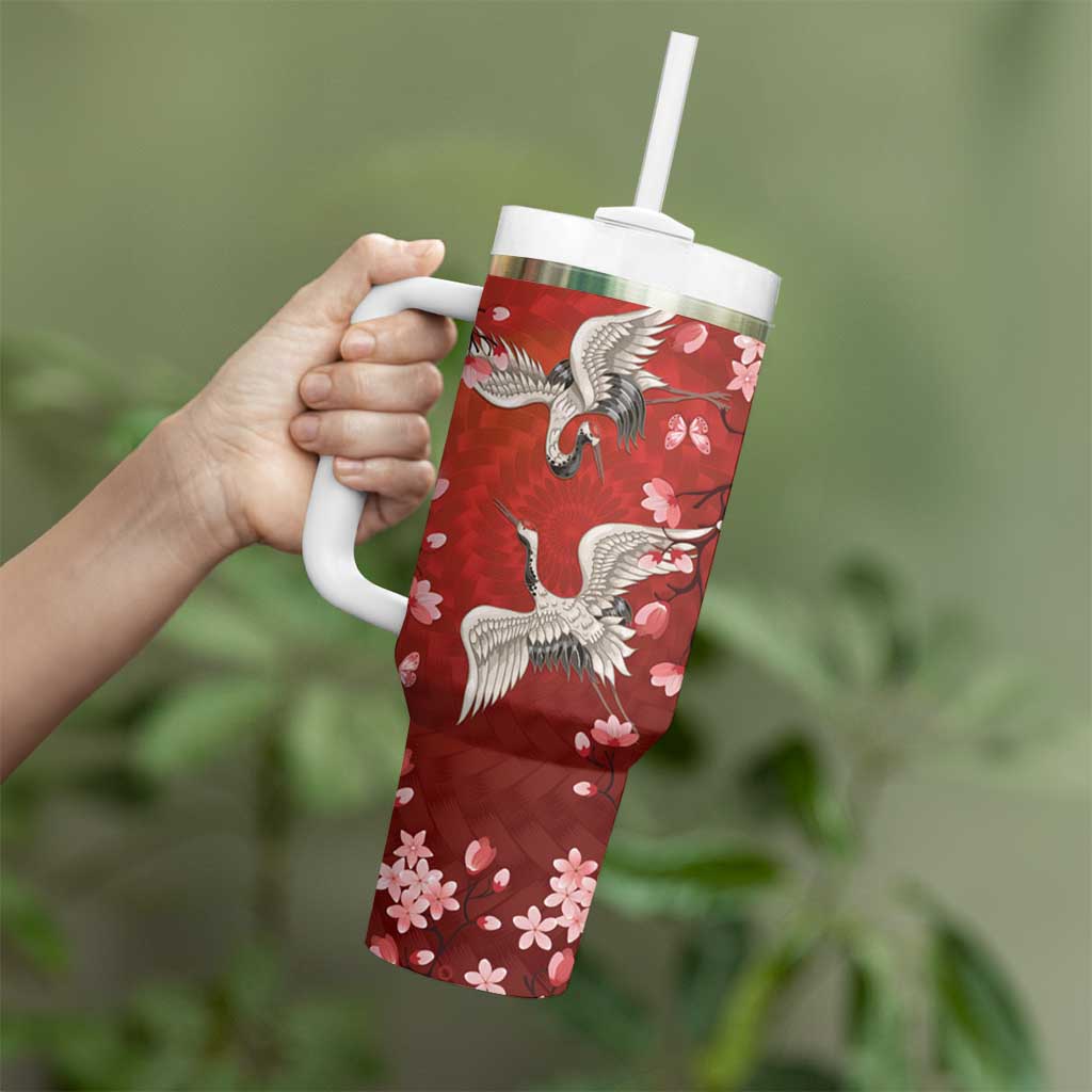 Hawaii Japan Cranes Sakura Flower Red Tumbler With Handle Japan Heritage Spirit - Polynesian Pride