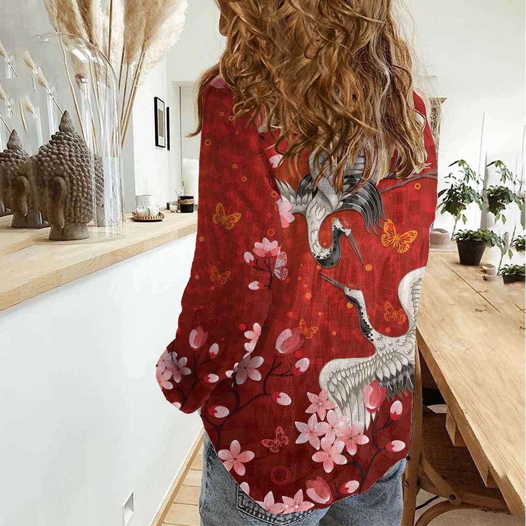 Hawaii Japan Cranes Sakura Flower Red Women Casual Shirt Japan Heritage Spirit LT01 - Polynesian Pride