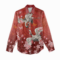 Hawaii Japan Cranes Sakura Flower Red Women Casual Shirt Japan Heritage Spirit LT01 - Polynesian Pride