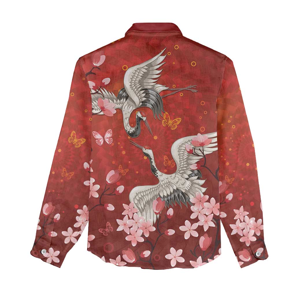 Hawaii Japan Cranes Sakura Flower Red Women Casual Shirt Japan Heritage Spirit LT01 - Polynesian Pride