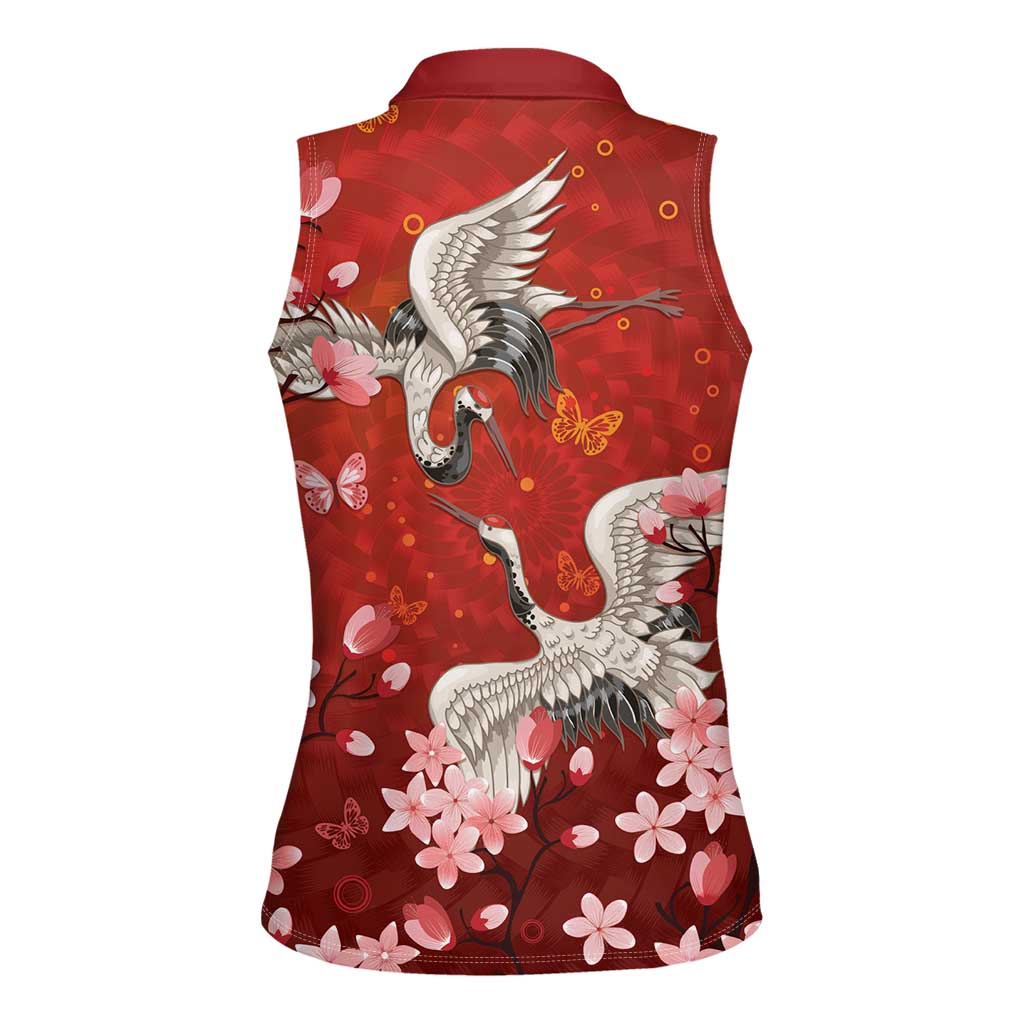 Hawaii Japan Cranes Sakura Flower Red Women Sleeveless Polo Shirt - Japan Heritage Spirit LT01 - Polynesian Pride