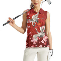 Hawaii Japan Cranes Sakura Flower Red Women Sleeveless Polo Shirt - Japan Heritage Spirit LT01 - Polynesian Pride