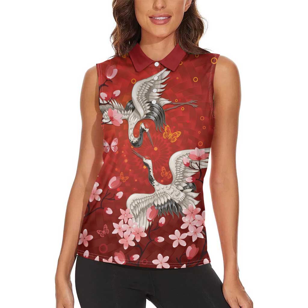 Hawaii Japan Cranes Sakura Flower Red Women Sleeveless Polo Shirt - Japan Heritage Spirit LT01 - Polynesian Pride