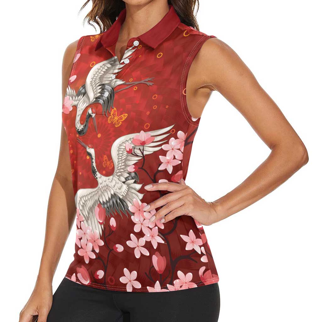 Hawaii Japan Cranes Sakura Flower Red Women Sleeveless Polo Shirt - Japan Heritage Spirit LT01 - Polynesian Pride