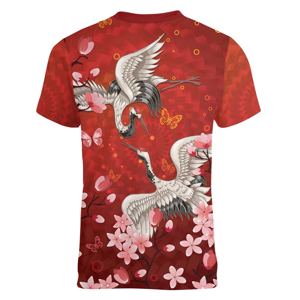 Hawaii Japan Cranes Sakura Flower Red Women V-Neck T-Shirt Japan Heritage Spirit LT01 - Polynesian Pride