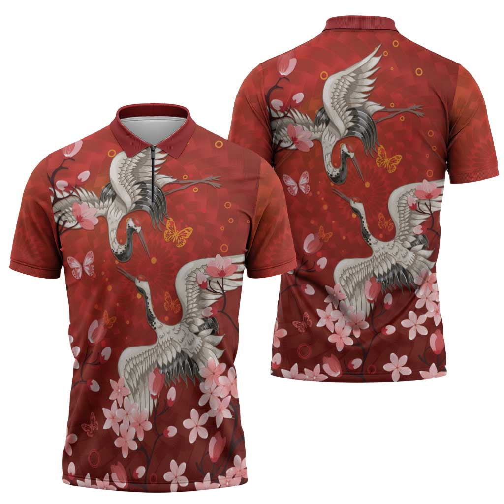 Hawaii Japan Cranes Sakura Flower Red Zipper Polo Shirt Japan Heritage Spirit - Polynesian Pride