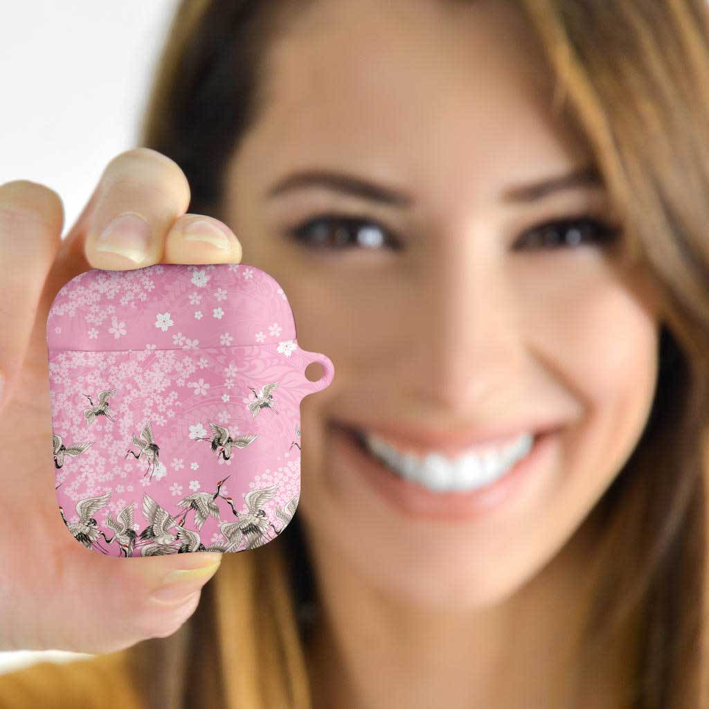 Cranes Sakura Floral Pink Pastel AirPods Case Hawaii Japan Culture - Polynesian Pride