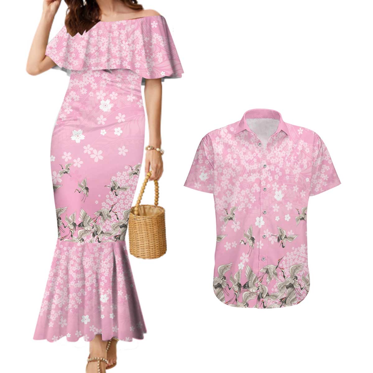 Cranes Sakura Floral Pink Pastel Couples Matching Mermaid Dress and Hawaiian Shirt Hawaii Japan Culture LT01 Pink - Polynesian Pride
