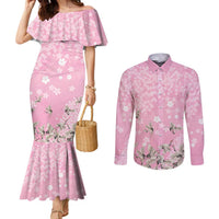 Cranes Sakura Floral Pink Pastel Couples Matching Mermaid Dress and Long Sleeve Button Shirt Hawaii Japan Culture LT01 Pink - Polynesian Pride