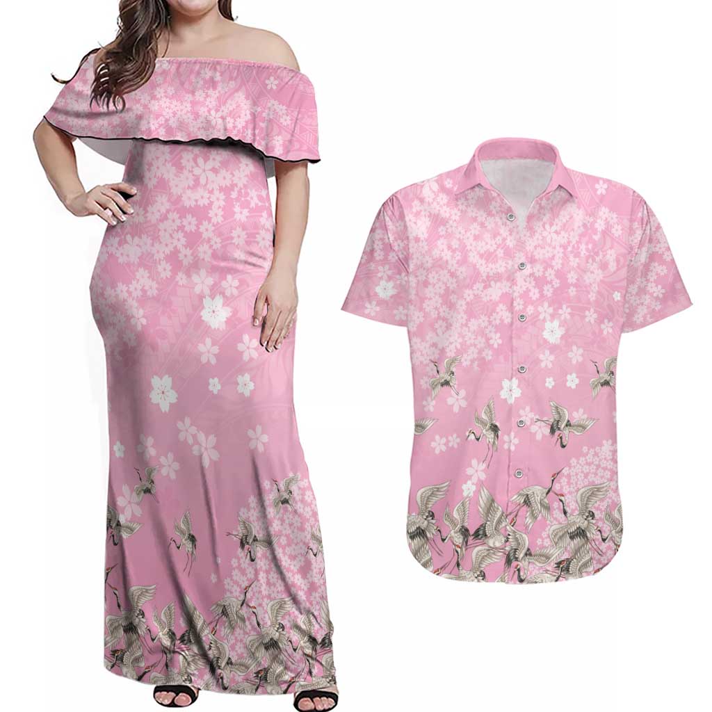 Cranes Sakura Floral Pink Pastel Couples Matching Off Shoulder Maxi Dress and Hawaiian Shirt Hawaii Japan Culture LT01 Pink - Polynesian Pride