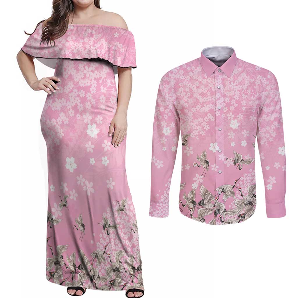 Cranes Sakura Floral Pink Pastel Couples Matching Off Shoulder Maxi Dress and Long Sleeve Button Shirt Hawaii Japan Culture LT01 Pink - Polynesian Pride