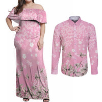 Cranes Sakura Floral Pink Pastel Couples Matching Off Shoulder Maxi Dress and Long Sleeve Button Shirt Hawaii Japan Culture LT01 Pink - Polynesian Pride