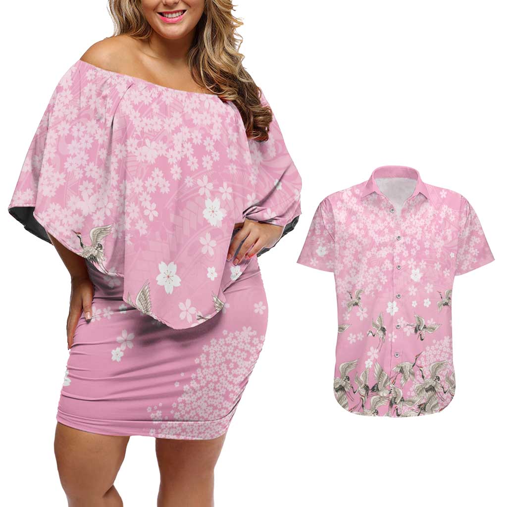 Cranes Sakura Floral Pink Pastel Couples Matching Off Shoulder Short Dress and Hawaiian Shirt Hawaii Japan Culture LT01 Pink - Polynesian Pride