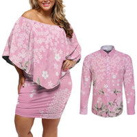Cranes Sakura Floral Pink Pastel Couples Matching Off Shoulder Short Dress and Long Sleeve Button Shirt Hawaii Japan Culture LT01 Pink - Polynesian Pride