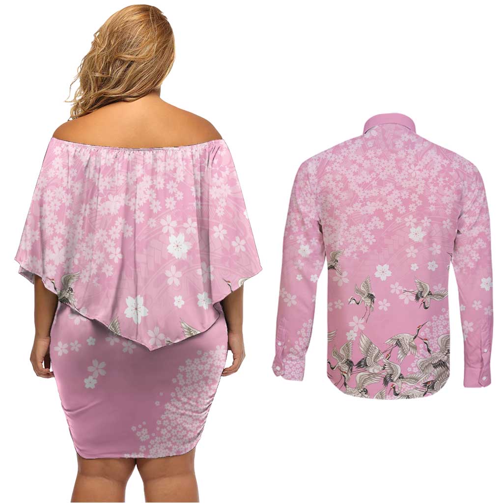 Cranes Sakura Floral Pink Pastel Couples Matching Off Shoulder Short Dress and Long Sleeve Button Shirt Hawaii Japan Culture LT01 - Polynesian Pride