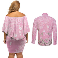 Cranes Sakura Floral Pink Pastel Couples Matching Off Shoulder Short Dress and Long Sleeve Button Shirt Hawaii Japan Culture LT01 - Polynesian Pride