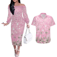 Cranes Sakura Floral Pink Pastel Couples Matching Off The Shoulder Long Sleeve Dress and Hawaiian Shirt Hawaii Japan Culture LT01 Pink - Polynesian Pride