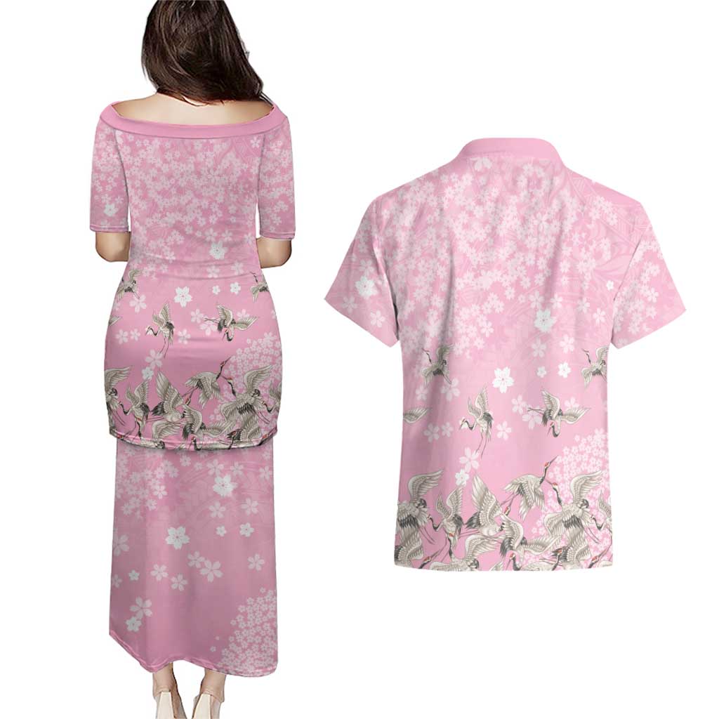 Cranes Sakura Floral Pink Pastel Couples Matching Puletasi and Hawaiian Shirt Hawaii Japan Culture LT01 - Polynesian Pride