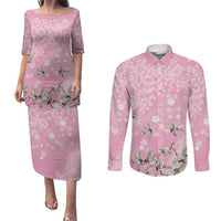 Cranes Sakura Floral Pink Pastel Couples Matching Puletasi and Long Sleeve Button Shirt Hawaii Japan Culture - Polynesian Pride