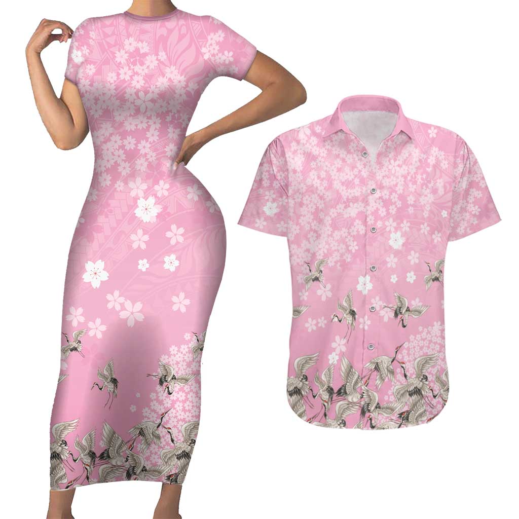 Cranes Sakura Floral Pink Pastel Couples Matching Short Sleeve Bodycon Dress and Hawaiian Shirt Hawaii Japan Culture LT01 Pink - Polynesian Pride