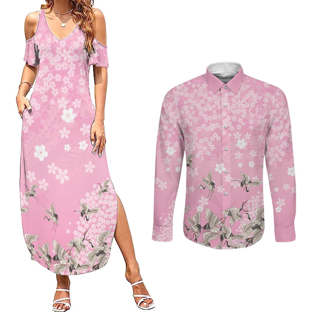 Cranes Sakura Floral Pink Pastel Couples Matching Summer Maxi Dress and Long Sleeve Button Shirt Hawaii Japan Culture LT01 Pink - Polynesian Pride