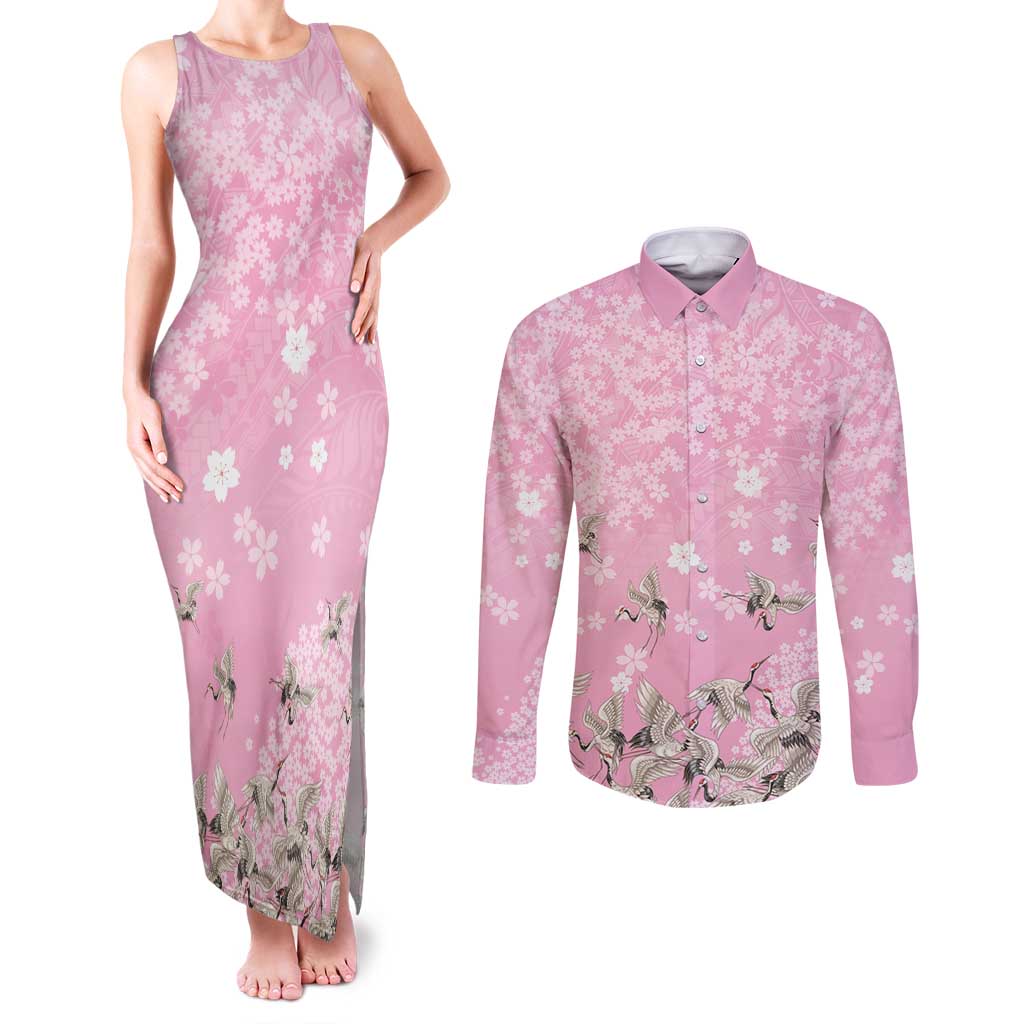 Cranes Sakura Floral Pink Pastel Couples Matching Tank Maxi Dress and Long Sleeve Button Shirt Hawaii Japan Culture LT01 Pink - Polynesian Pride