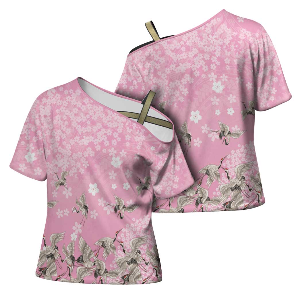 Cranes Sakura Floral Pink Pastel Cross Shoulder Shirt Hawaii Japan Culture - Polynesian Pride