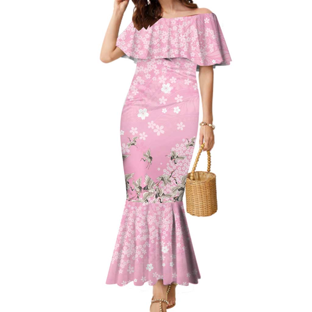 Cranes Sakura Floral Pink Pastel Family Matching Mermaid Dress and Hawaiian Shirt Hawaii Japan Culture LT01 Mom's Dress Pink - Polynesian Pride