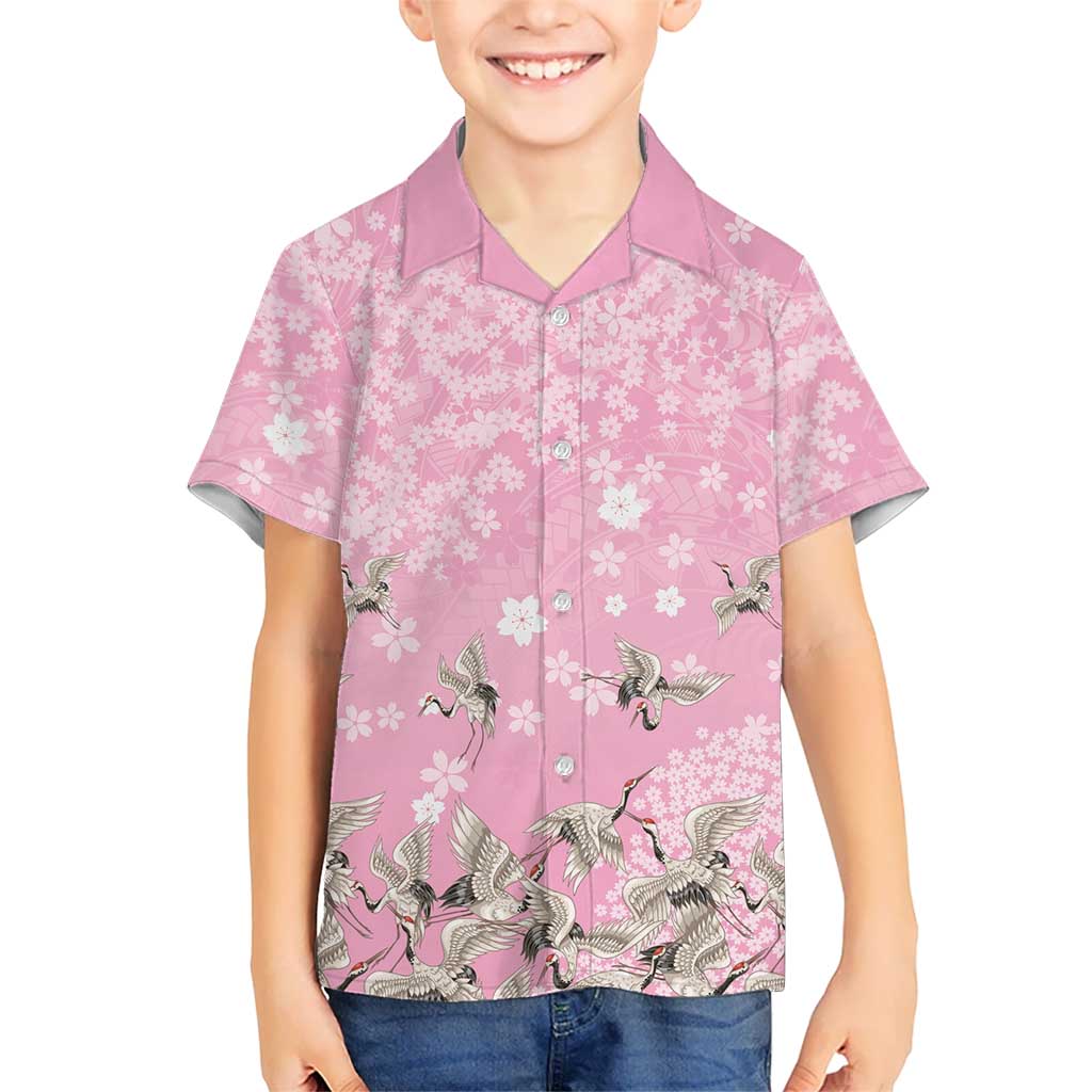 Cranes Sakura Floral Pink Pastel Family Matching Off The Shoulder Long Sleeve Dress and Hawaiian Shirt Hawaii Japan Culture LT01 Son's Shirt Pink - Polynesian Pride