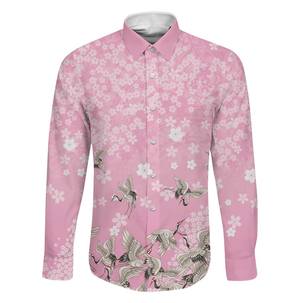 Cranes Sakura Floral Pink Pastel Family Matching Off Shoulder Maxi Dress and Hawaiian Shirt Hawaii Japan Culture LT01 Dad's Shirt - Long Sleeve Pink - Polynesian Pride