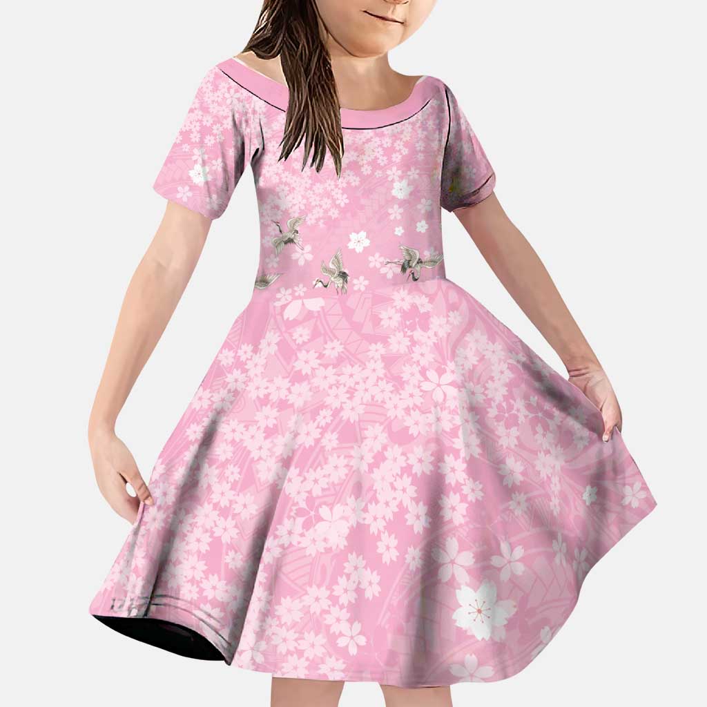 Cranes Sakura Floral Pink Pastel Family Matching Puletasi and Hawaiian Shirt Hawaii Japan Culture LT01 Daughter's Dress Pink - Polynesian Pride