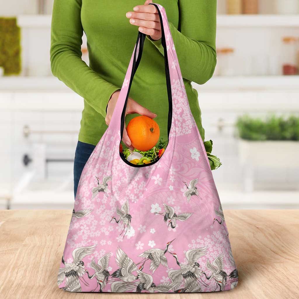 Cranes Sakura Floral Pink Pastel Grocery Bag Hawaii Japan Culture - Polynesian Pride