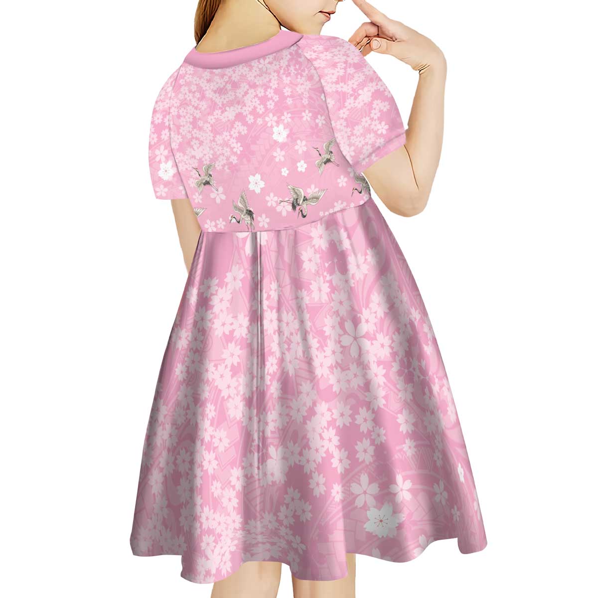 Cranes Sakura Floral Pink Pastel Kid Short Sleeve Dress Hawaii Japan Culture - Polynesian Pride