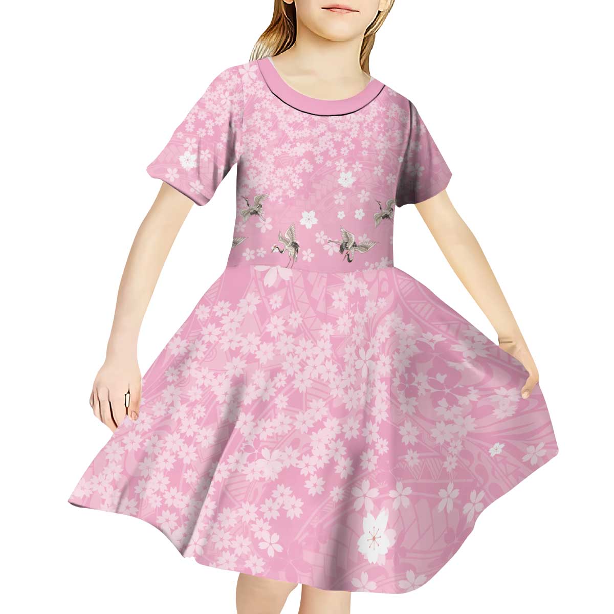 Cranes Sakura Floral Pink Pastel Kid Short Sleeve Dress Hawaii Japan Culture - Polynesian Pride