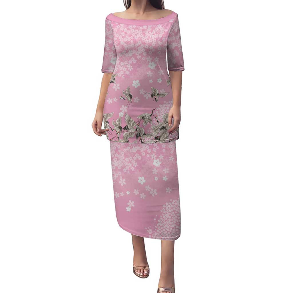 Cranes Sakura Floral Pink Pastel Puletasi Hawaii Japan Culture - Polynesian Pride