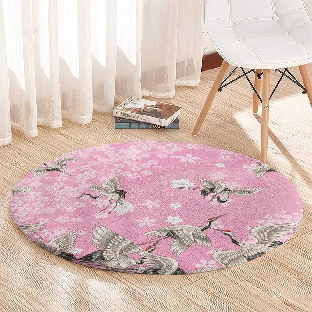 Cranes Sakura Floral Pink Pastel Round Carpet Hawaii Japan Culture - Polynesian Pride