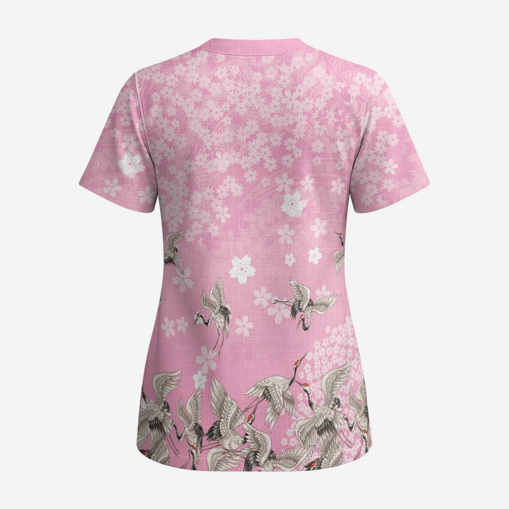 Cranes Sakura Floral Pink Pastel Scrub Top Hawaii Japan Culture - Polynesian Pride