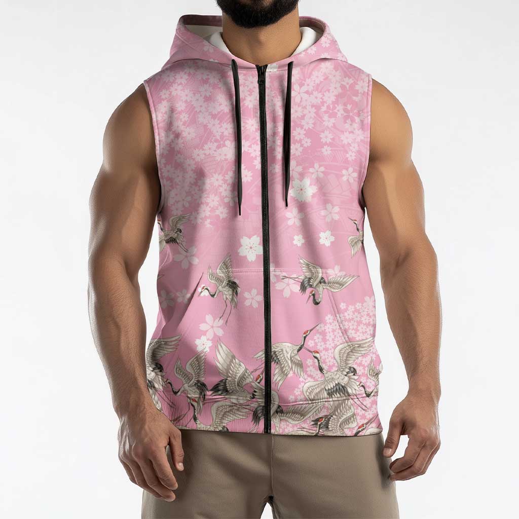 Cranes Sakura Floral Pink Pastel Sleeveless Zip Hoodie Hawaii Japan Culture - Polynesian Pride