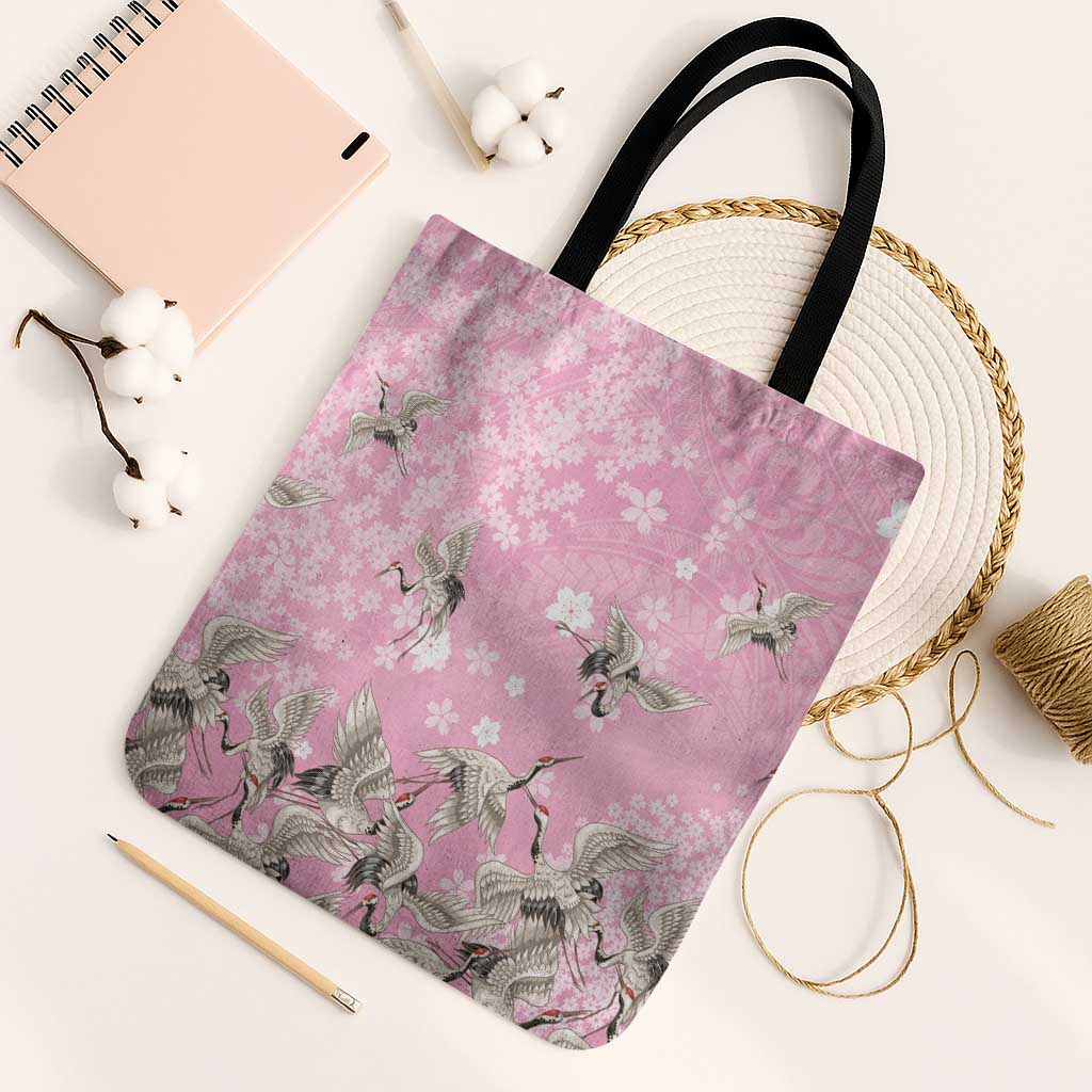 Cranes Sakura Floral Pink Pastel Tote Bag Hawaii Japan Culture - Polynesian Pride
