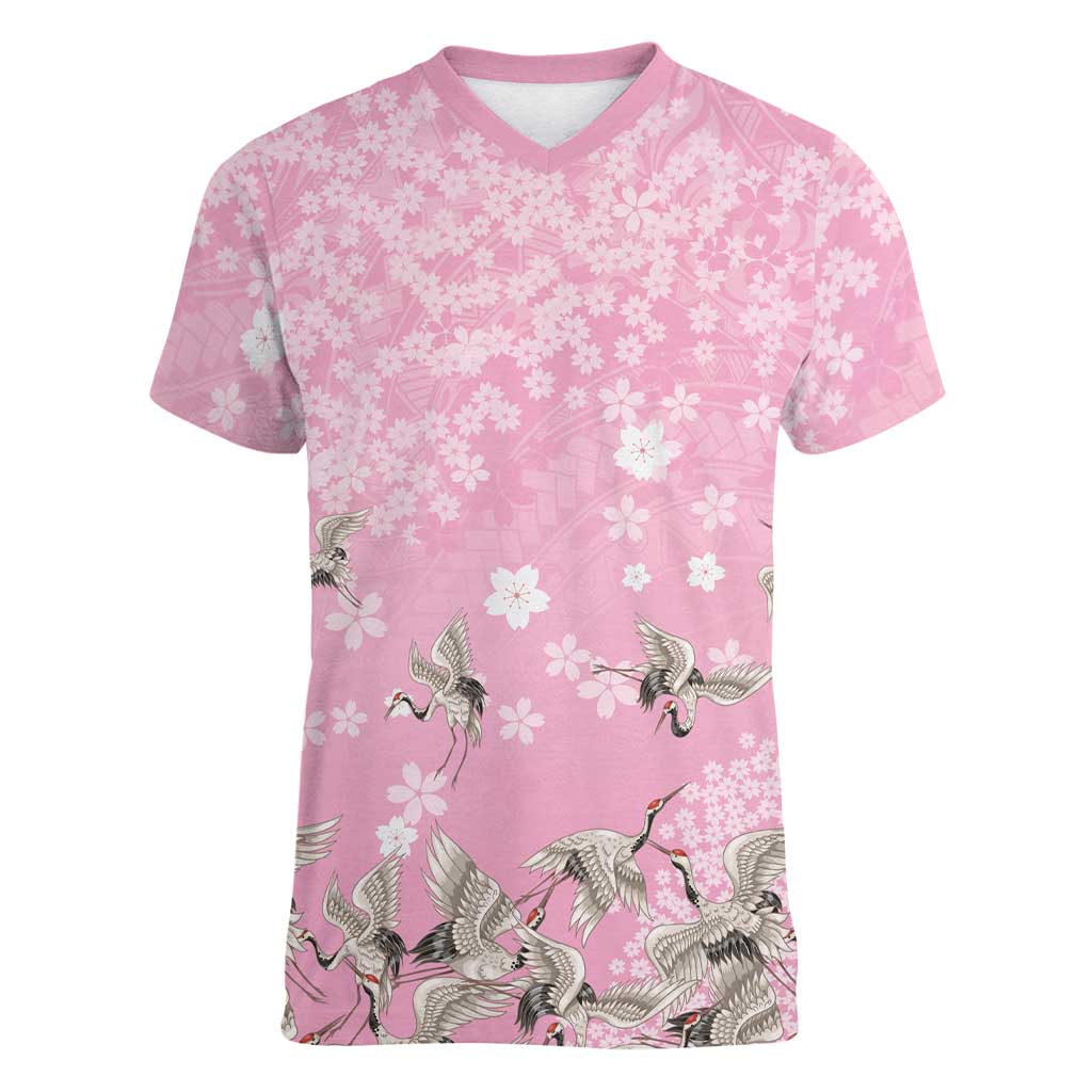 Cranes Sakura Floral Pink Pastel Women V-Neck T-Shirt Hawaii Japan Culture - Polynesian Pride